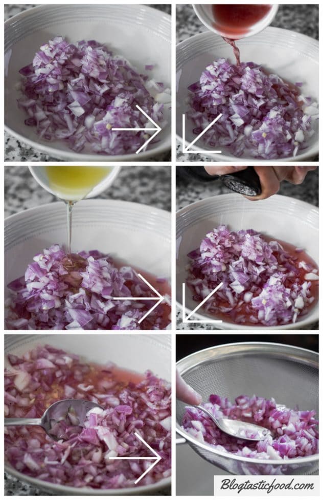 a step by step guide showing how to soak chopped red onions into red wine vinegar to get rid of the strength.