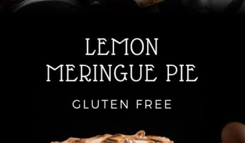 A gluten free lemon meringue pie presneted in the form of a pin for Pinterest.