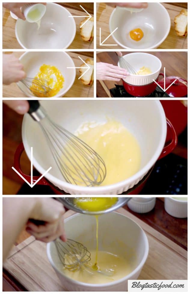 A step by step series of photos showing how to make hollandaise sauce. 