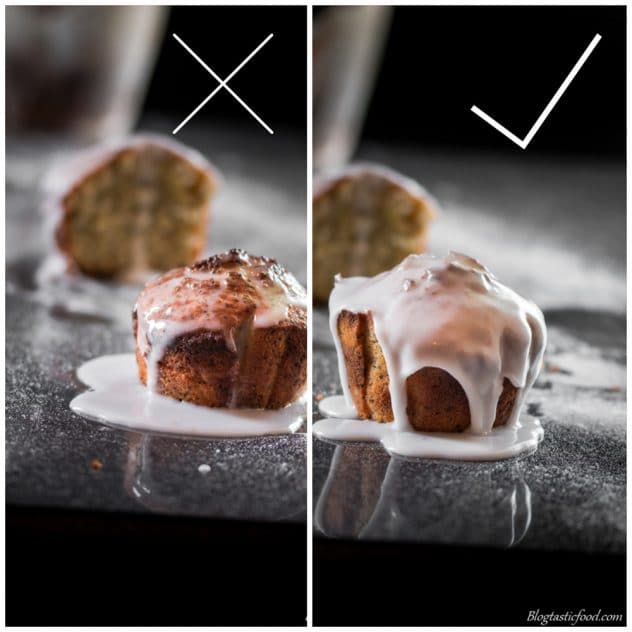 A collage of two photos. One showing an example of a badly iced muffin, and another photo showing an example of a well iced muffin. 