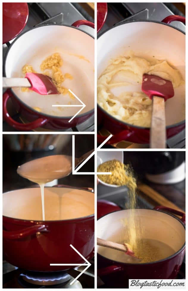 A step by step series of photos showing how to make a roux based sauce flavored with nutritional yeast. 