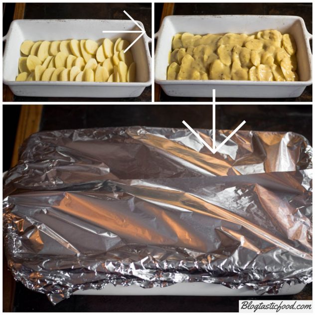 A step by step guide showing how vegan potato gratin is layered and prepared in a baking tray before going in the oven. 