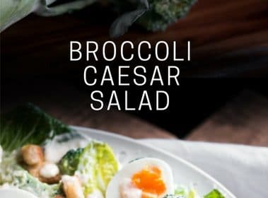 A broccoli Caesar salad recipe presented in the form of a pin for Pinterest.