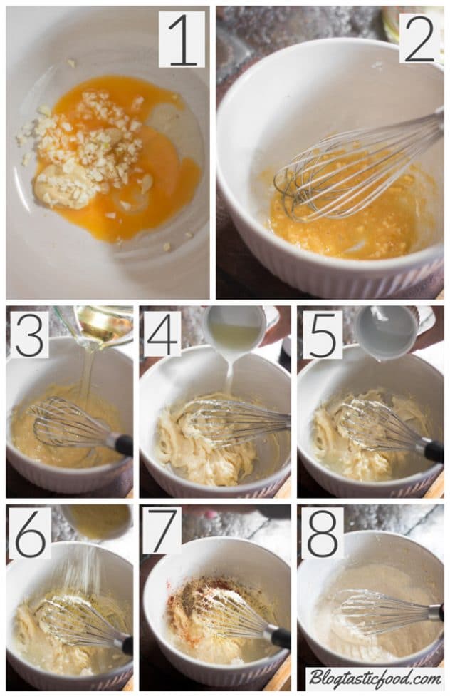 A step by step collage showing how to make spiced Caesar dressing. 