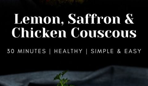 A lemon, saffrona and chicken couscous recipe presented in the form of a pin for Pinterest.