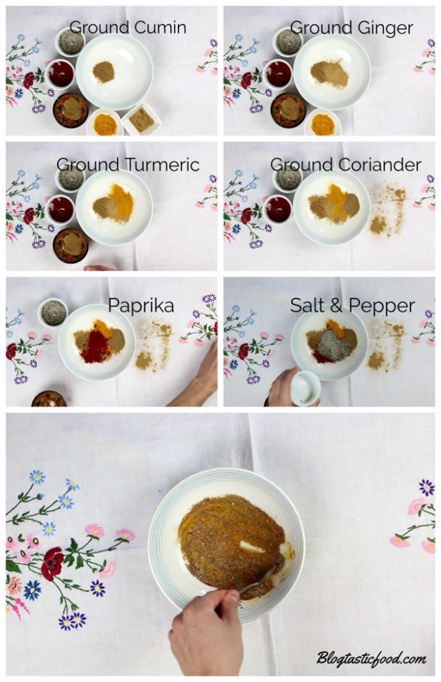A collage of photos showing the spices for morrocan inspired spice mix being added to a bowl.