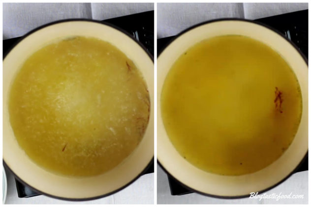 a collage of 2 photos, one photo showing chicken stock boiling, and the other showing the chicken stock when it's hot but not boiling.