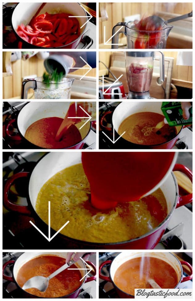 A step by step series of photos showing how to make spicy tomato soup.