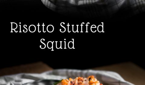 A reisotto stuffed squid recipe post presented in the form of a pin for Pinterest.