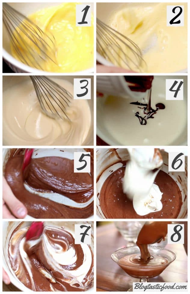A step by step series of photos showing how to make chocolate mousse.
