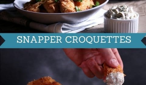 A snapper croquette recipe presented in the form of the pin for Pinterest.
