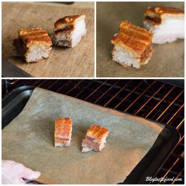 A step by step series of photos showing how to heat up pork crackling in an oven. 