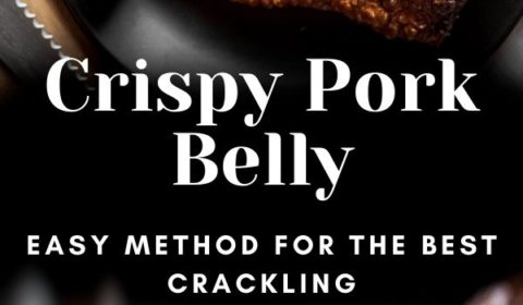 A pork belly with crackling recipe presented in the form of a pin for Pinterest.