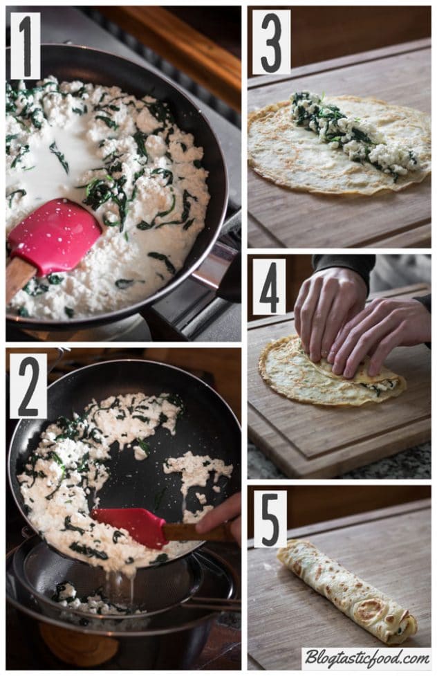 A step by step series of photos showing how to make a spinach and ricotta filling and how to roll it up into a crepe.