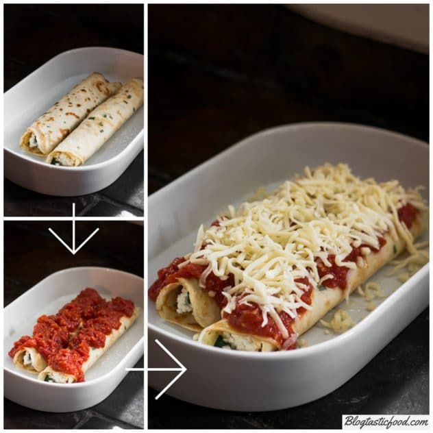 A step by step series of photos showing spinach and ricotta filled crepes being topped with tomato sauce and mozzarella cheese.