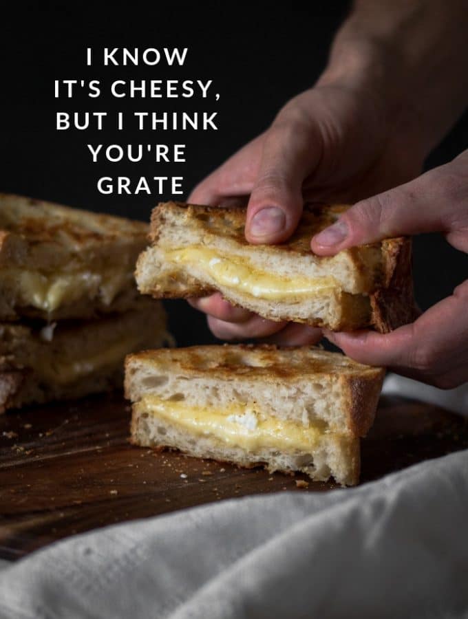 A photo of a grilled cheese sandwich with a pun on it.