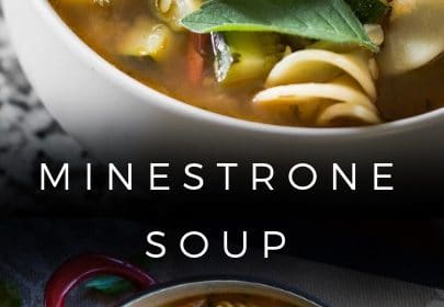 Minestrone soup presented in the form of a pin for Pinterest.