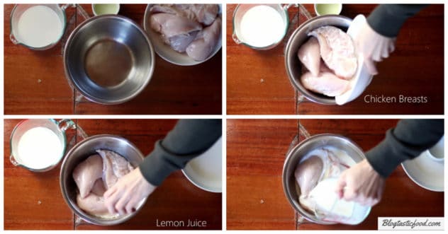 A collage of photos showing how to soak chicken in milk. 