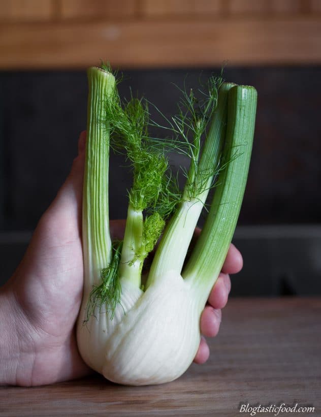 Someone holding a bulb of fennel on a board. 