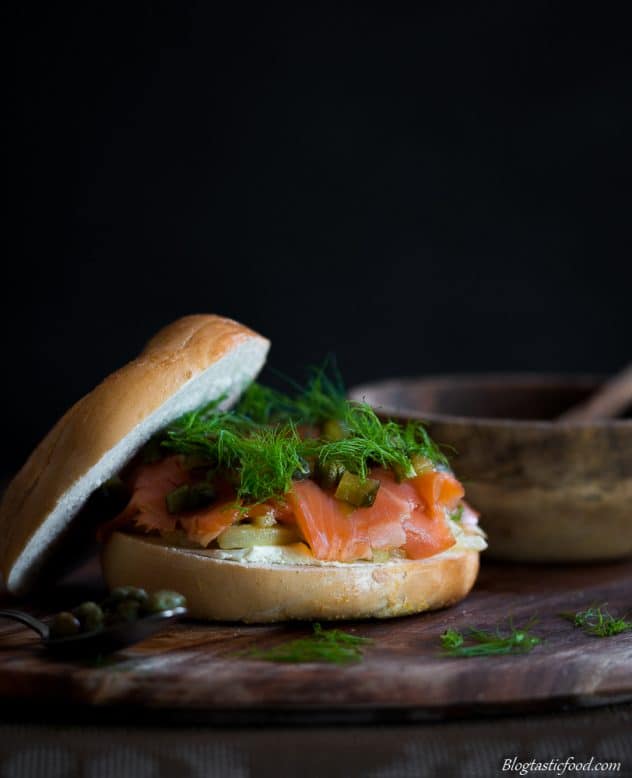 A bagel burger filled with smoked trout and fennel. 