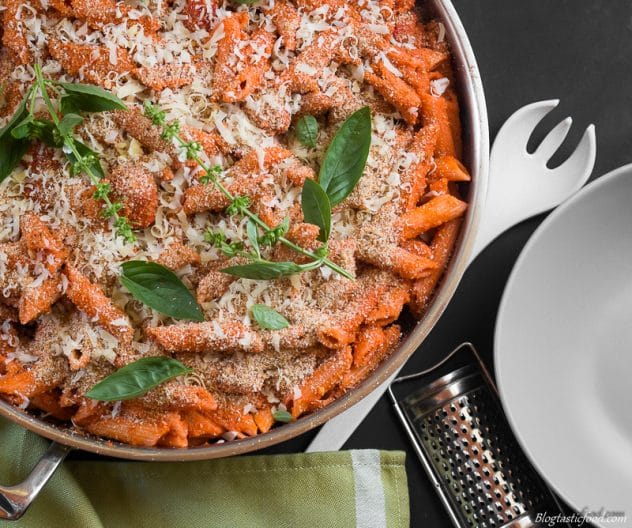 An overhead photo of hidden vegetable pasta with sausages. 