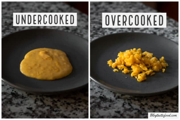 2 photos side by side, one of undercooked scrambled eggs and one of overcooked scrambled eggs.