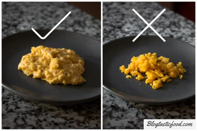 2 photos presented as a collage, one of perfectly cook scrambled eggs and another photo of overcooked scrambled eggs.