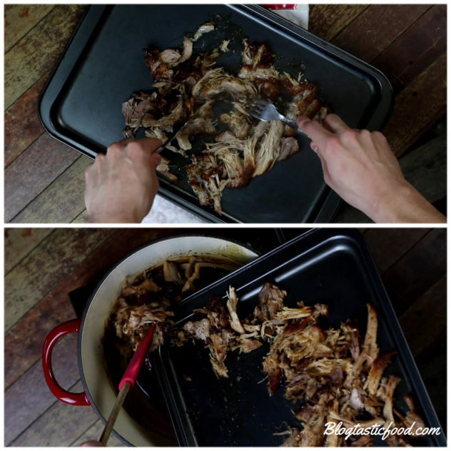 A collage of 2 photos showing pork being pulled, then the pulled pork being added to a pot filled with sauce.