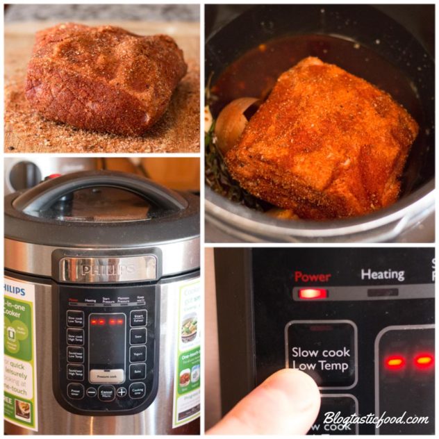 A series of photos showing how to prepare pulled pork in a slow cooker.