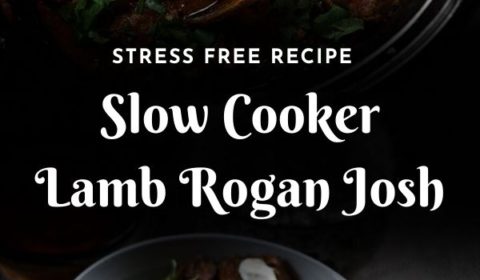 A recipe of slow cooker lamb rogan josh presented in the form of a pin for Pinterest.