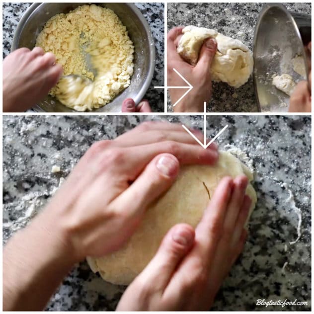 A step by step collage showing how to mix sugar, water, flour and butter to make sweet pastry. 