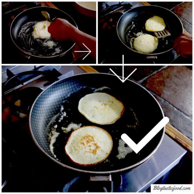 3 images showing how to cook thick fluffy pancakes the correct way.