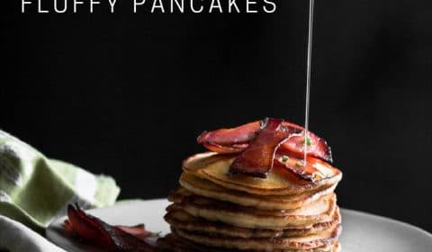 A Maple Bacon with fluffy pancake recipe presented in the form of a pin for Pinterest