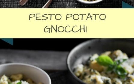 A pesto potato gnocchi recipe presented in the form of a pin for Pinterest.