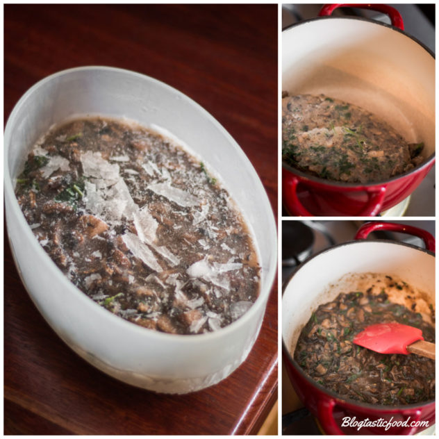 A step by step guide showing how to re-heat frozen mushroom gravy in a pot. 