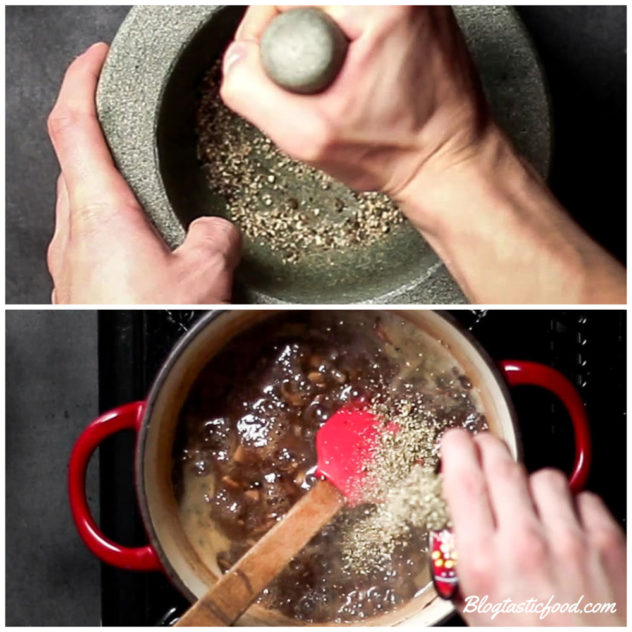 a collage of 2 photos, one showing peppercorns being grinded in a pestle morter, then a photo of that pepper being added to mushroom gravy.