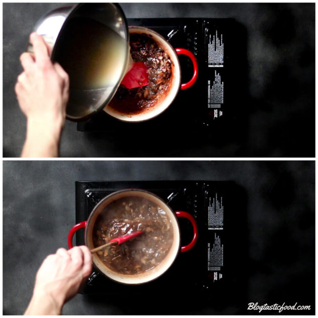 A collage of 2 photos, 1 of stock being added to frying mushroom, and another photo of a simmering mushroom gravy.