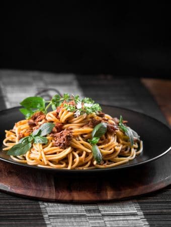 A dark contrast photo of spaghetti with shredded beef.