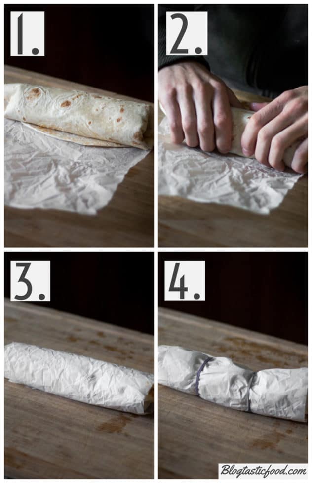 A step by step series of photos showing how to seal a burrito by using baking paper and a couple of lucky bands. 