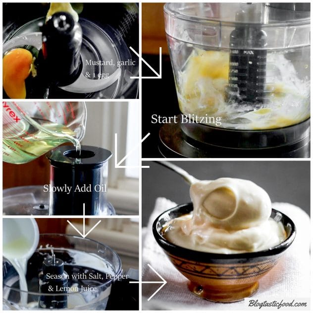 A step by step collage showing how to make homemade aioli in a thermomix.