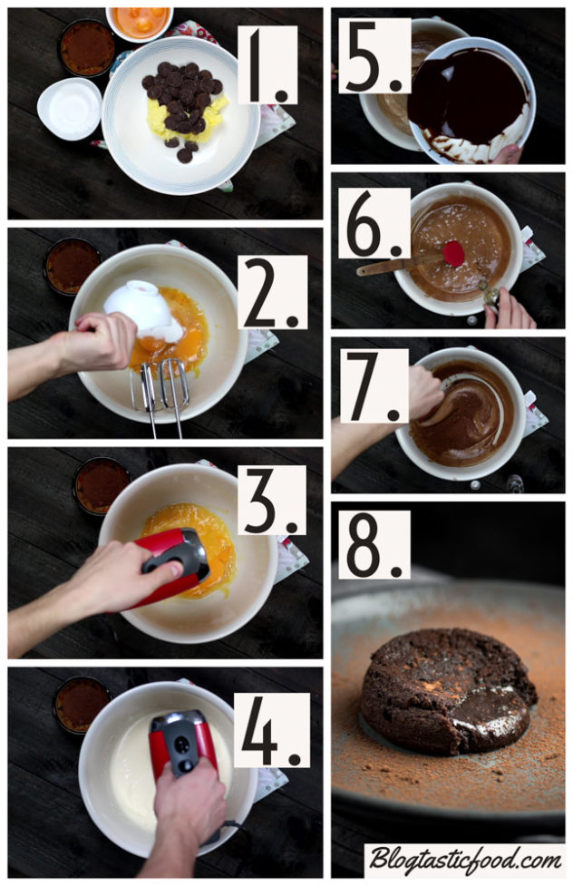 A step by step series of photos showing how to make chocolate lava cake batter.