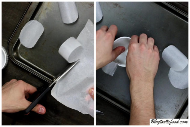 A collage of photos showing baking paper being cut and placed in a greased ramekin.