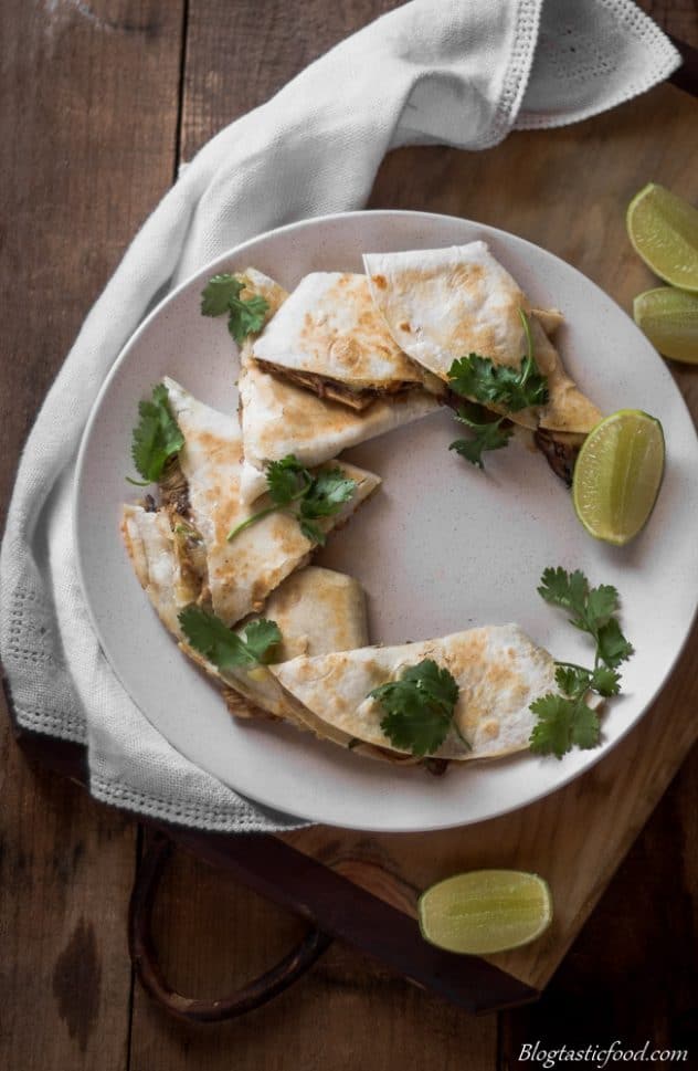 An overhead photo of toasted chicken teriyaki filled quesadillas.