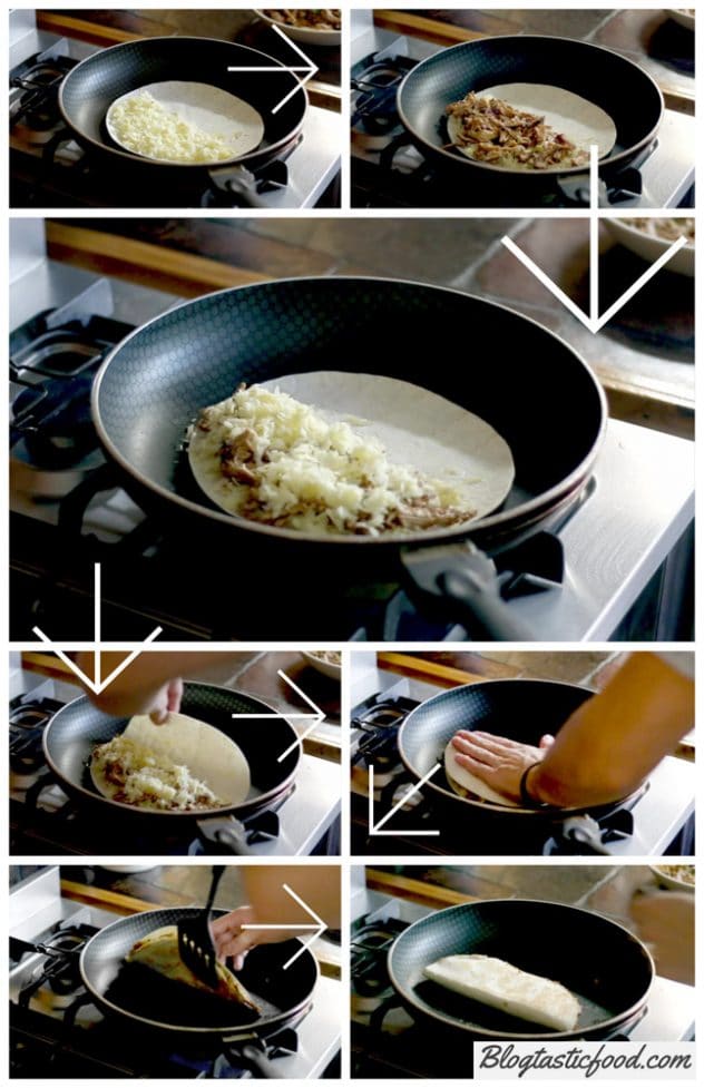 A step by step collage showing how to toast a teriyaki pulled chicken and cheese filled quesadilla.