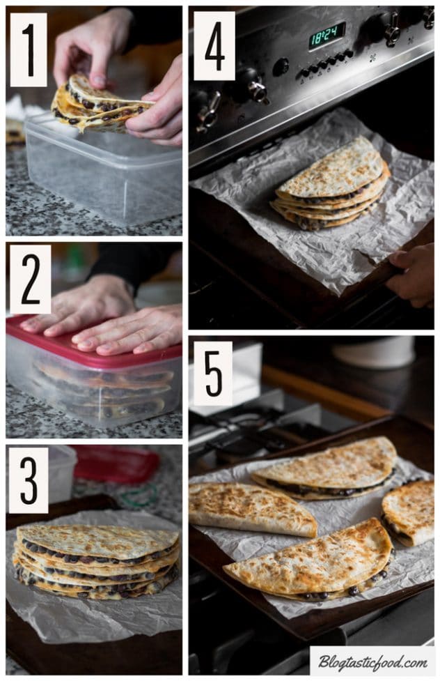 A step by step collage showing the best way to defrost chicken quesadillas using an oven.