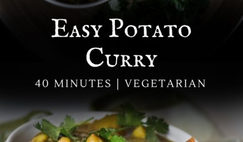 A potato curry recipe presented in the form of a pin for Pinterest.