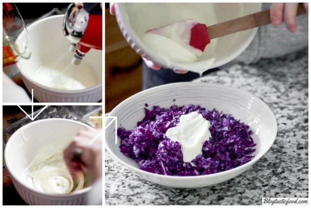 3 photos shows in the form of a step by step guid of how to make vegan mayonnaise and add it to grated purple cabbage to make a slaw.