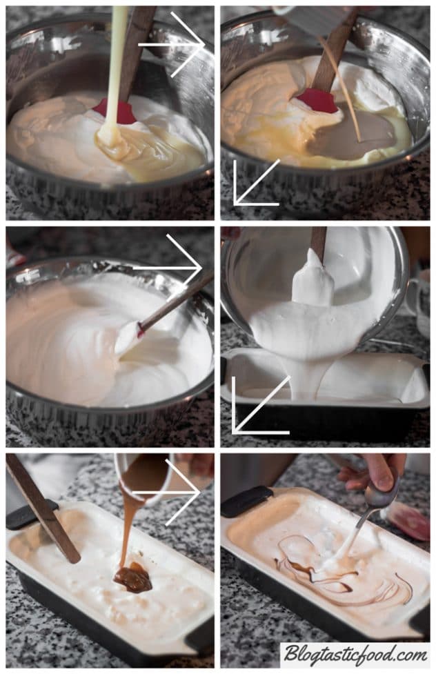 A collage of images showing how to make baileys and salted caramel swirl no-churn ice-cream step by step.