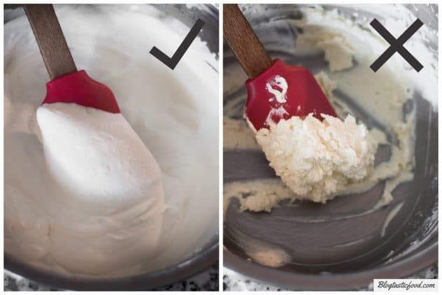 A collage of 2 images showing the difference between cream whipped to stiff peaks and cream that is over-whipped.