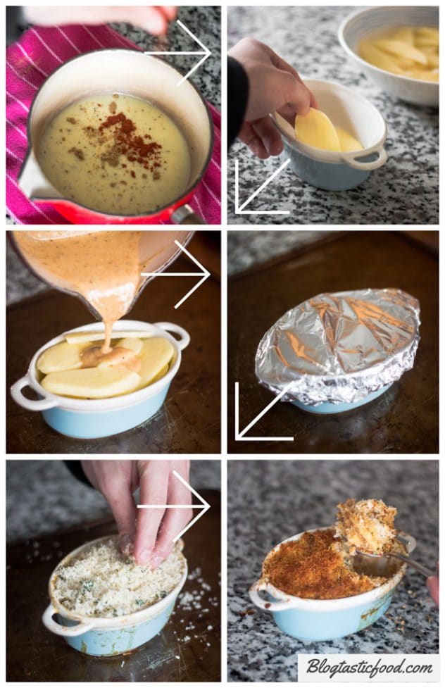 6 photos in the form a step by step collage showing how to make vegan potato gratin in a mini baking dish. 